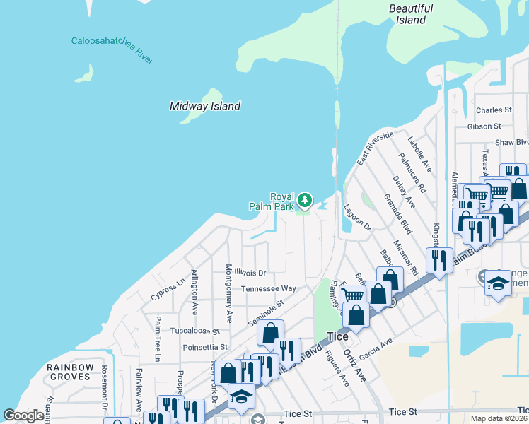 map of restaurants, bars, coffee shops, grocery stores, and more near 4568 East Riverside Drive in Fort Myers
