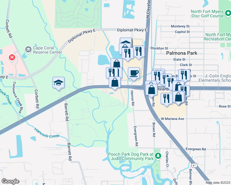 map of restaurants, bars, coffee shops, grocery stores, and more near 3010 Pine Island Road in Cape Coral
