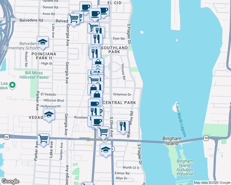 map of restaurants, bars, coffee shops, grocery stores, and more near 228 Greenwood Drive in West Palm Beach