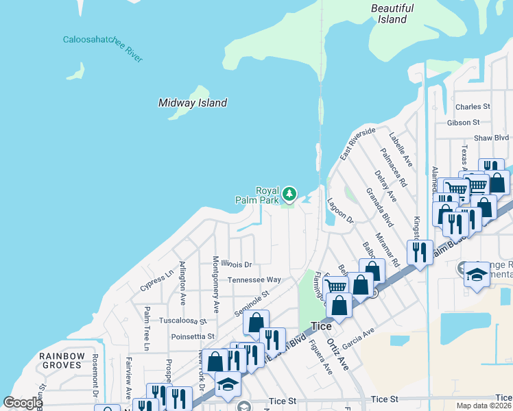map of restaurants, bars, coffee shops, grocery stores, and more near 4568 East Riverside Drive in Fort Myers