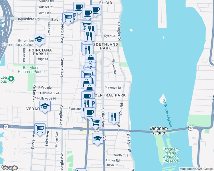 map of restaurants, bars, coffee shops, grocery stores, and more near 228 Greenwood Drive in West Palm Beach
