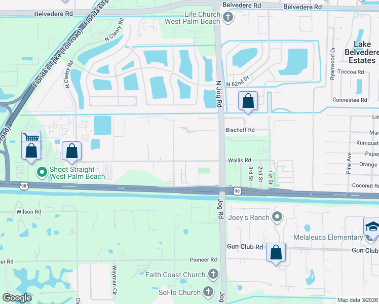 map of restaurants, bars, coffee shops, grocery stores, and more near 6545 Wallis Road in West Palm Beach