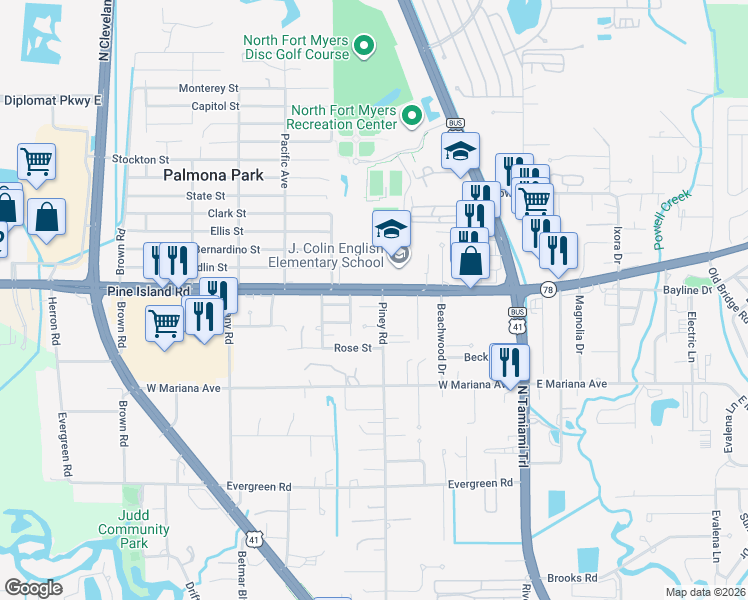map of restaurants, bars, coffee shops, grocery stores, and more near 161 Pine Island Road in North Fort Myers