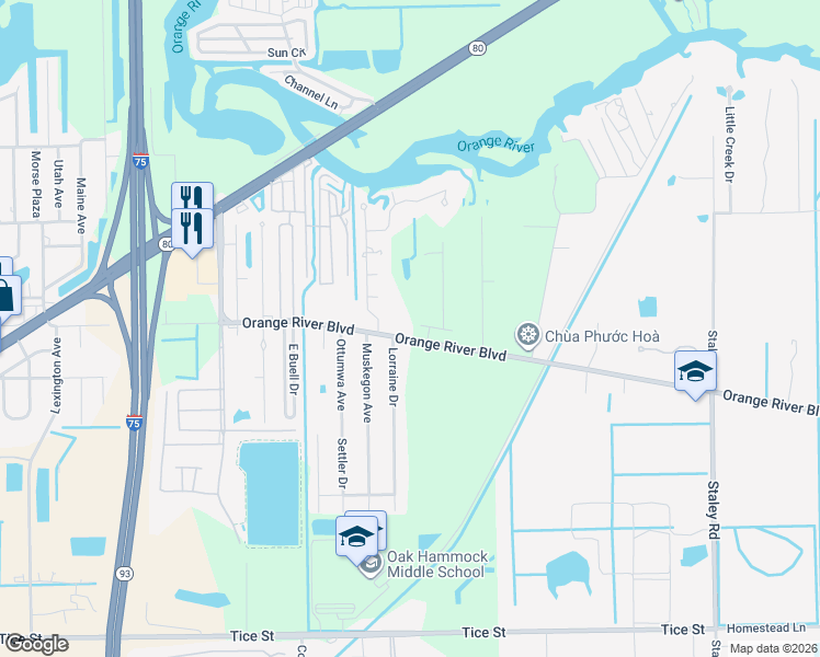 map of restaurants, bars, coffee shops, grocery stores, and more near 10271 Orange River Boulevard in Fort Myers