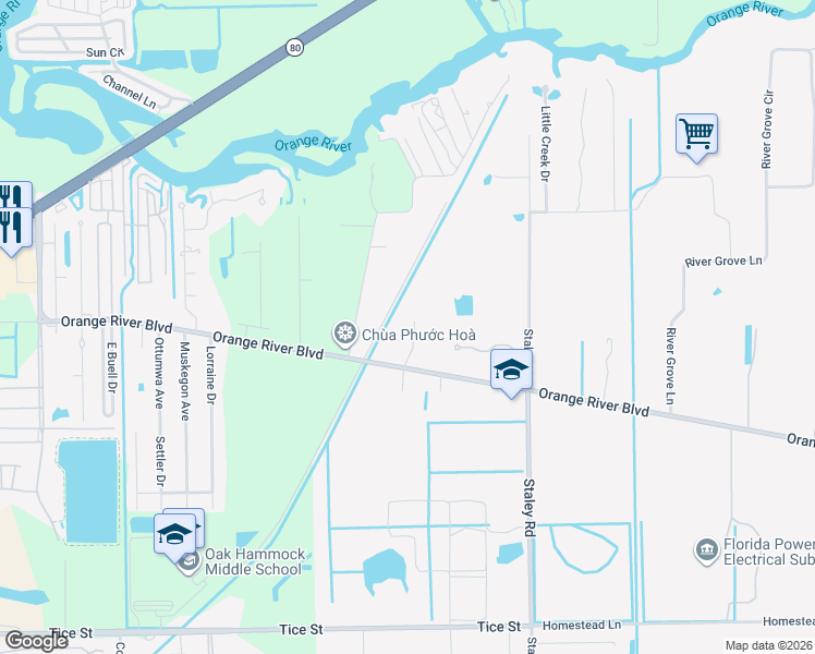 map of restaurants, bars, coffee shops, grocery stores, and more near 10751 Orange River Boulevard in Fort Myers