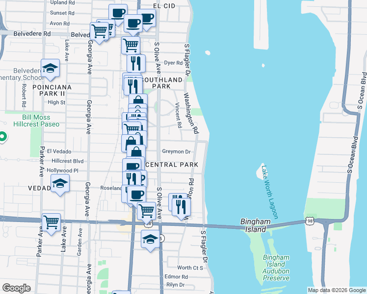 map of restaurants, bars, coffee shops, grocery stores, and more near 143 Greymon Drive in West Palm Beach