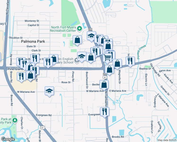map of restaurants, bars, coffee shops, grocery stores, and more near 1646 Beachwood Drive in North Fort Myers