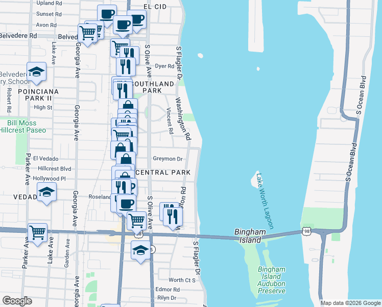 map of restaurants, bars, coffee shops, grocery stores, and more near 3300 Washington Road in West Palm Beach