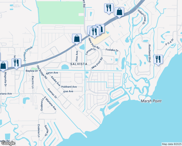 map of restaurants, bars, coffee shops, grocery stores, and more near New Post Road in North Fort Myers