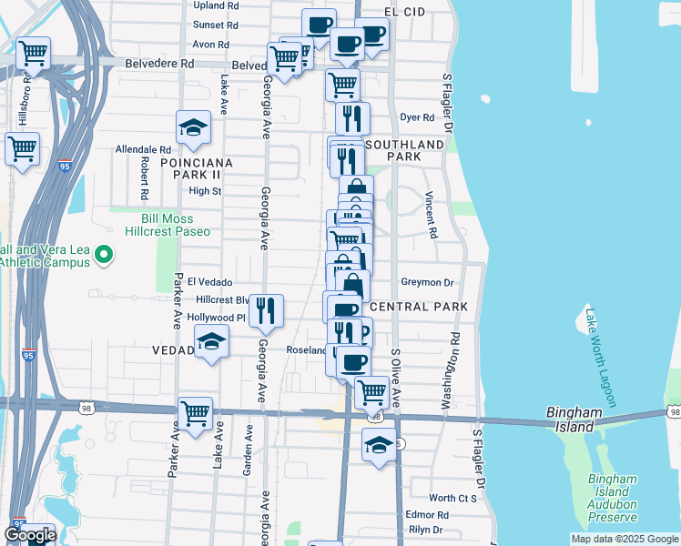 map of restaurants, bars, coffee shops, grocery stores, and more near 415 El Prado in West Palm Beach