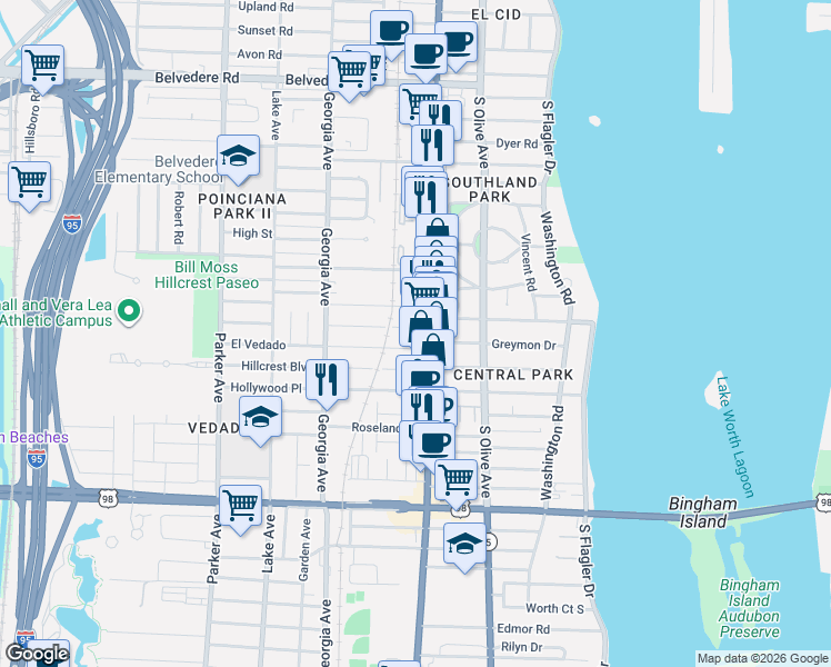 map of restaurants, bars, coffee shops, grocery stores, and more near 415 El Prado in West Palm Beach