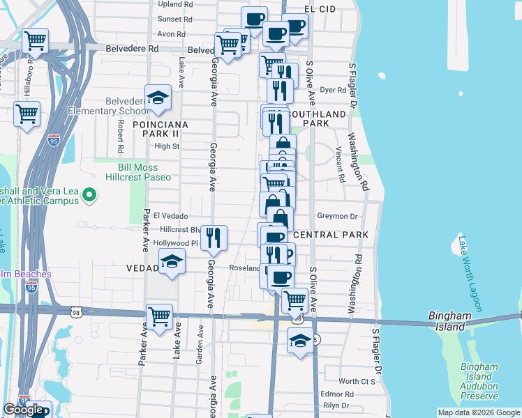 map of restaurants, bars, coffee shops, grocery stores, and more near 415 El Prado in West Palm Beach