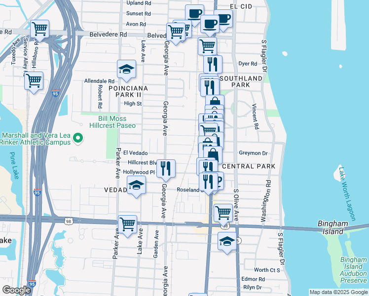 map of restaurants, bars, coffee shops, grocery stores, and more near 503 El Prado in West Palm Beach