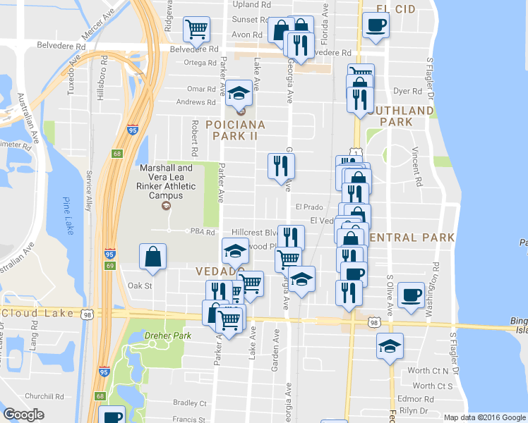 map of restaurants, bars, coffee shops, grocery stores, and more near 3341 El Vedado Court West in West Palm Beach