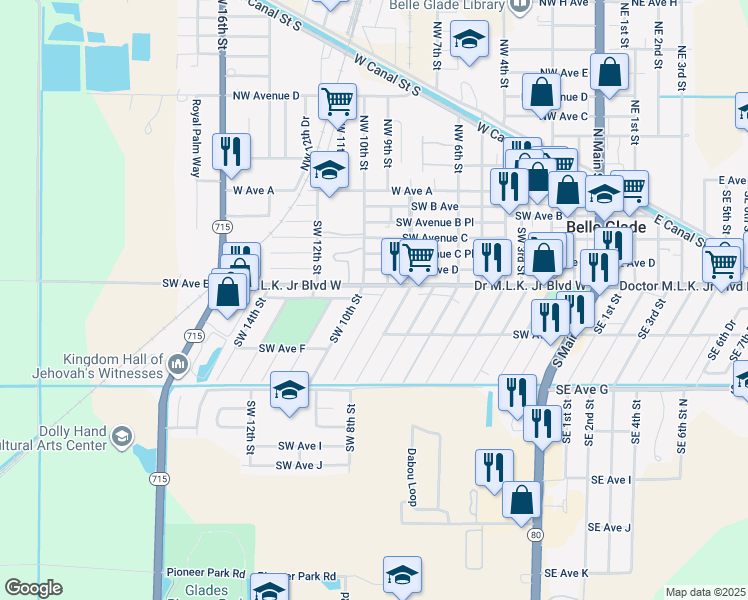 map of restaurants, bars, coffee shops, grocery stores, and more near 948 Drive Martin Luther King Junior Boulevard West in Belle Glade