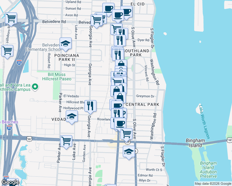 map of restaurants, bars, coffee shops, grocery stores, and more near 415 El Prado in West Palm Beach
