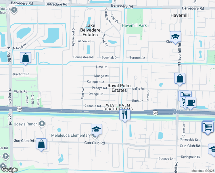 map of restaurants, bars, coffee shops, grocery stores, and more near 5692 Kumquat Road in West Palm Beach