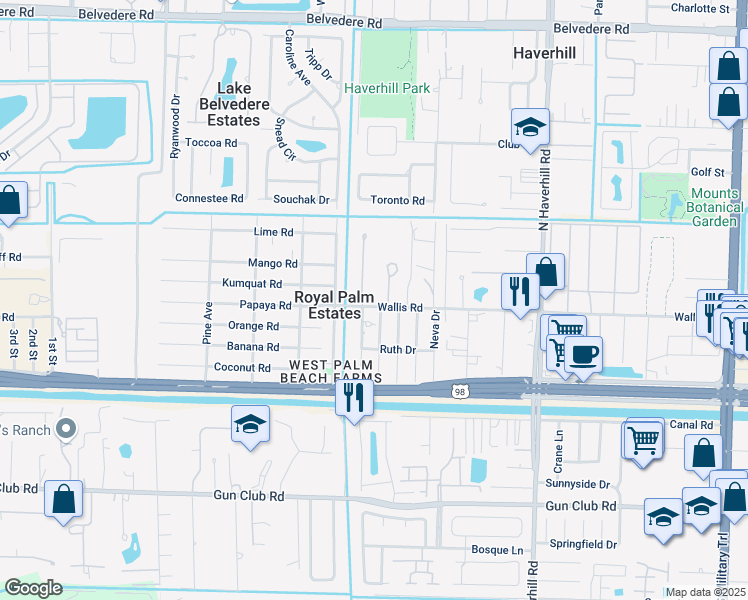 map of restaurants, bars, coffee shops, grocery stores, and more near 5443 Wallis Road in West Palm Beach