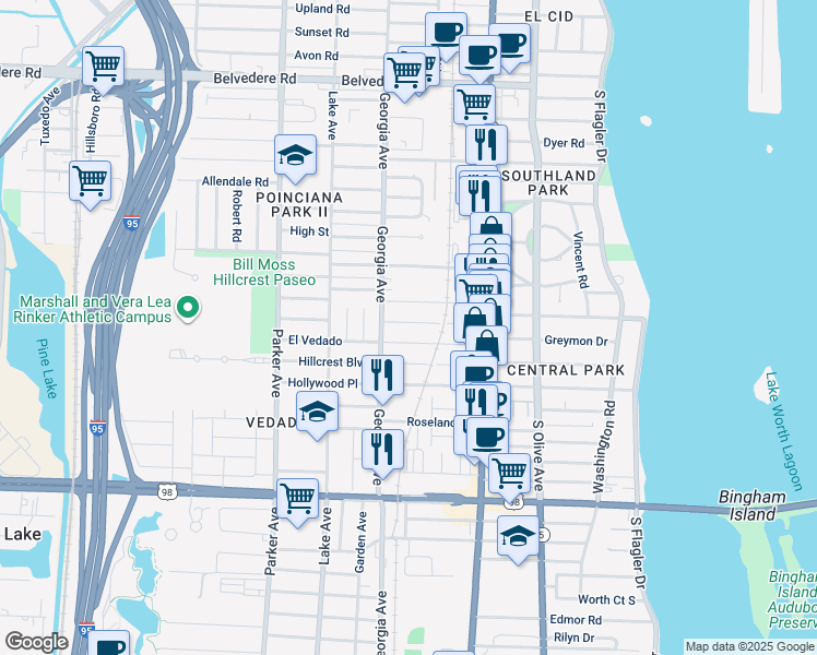 map of restaurants, bars, coffee shops, grocery stores, and more near 615 El Prado in West Palm Beach