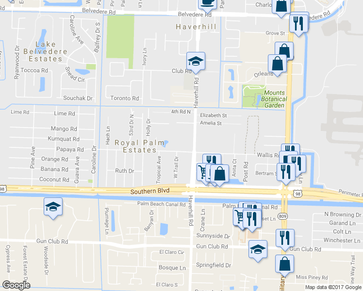 map of restaurants, bars, coffee shops, grocery stores, and more near 5065 Wallis Road in West Palm Beach