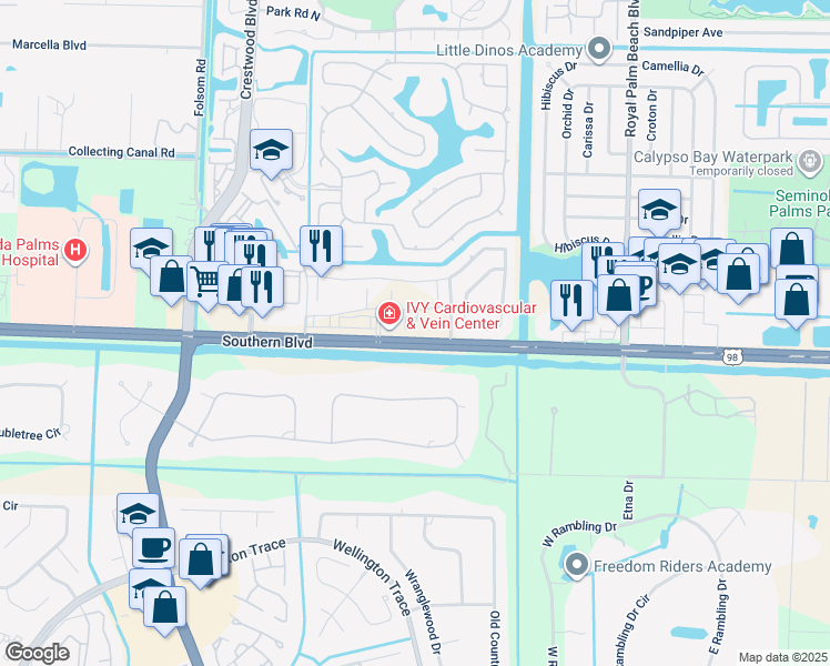map of restaurants, bars, coffee shops, grocery stores, and more near 11911 Southern Boulevard in Royal Palm Beach