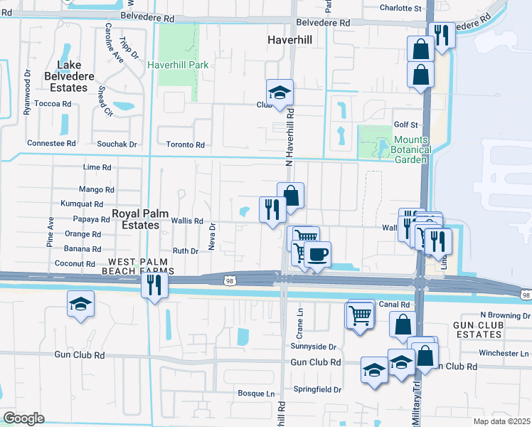 map of restaurants, bars, coffee shops, grocery stores, and more near 5065 Wallis Road in West Palm Beach