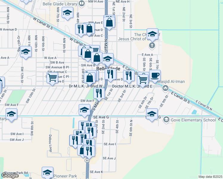 map of restaurants, bars, coffee shops, grocery stores, and more near 512 Southeast 1st Street in Belle Glade