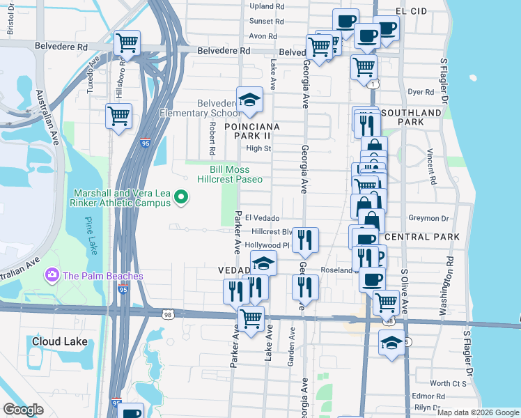 map of restaurants, bars, coffee shops, grocery stores, and more near 800 El Prado in West Palm Beach
