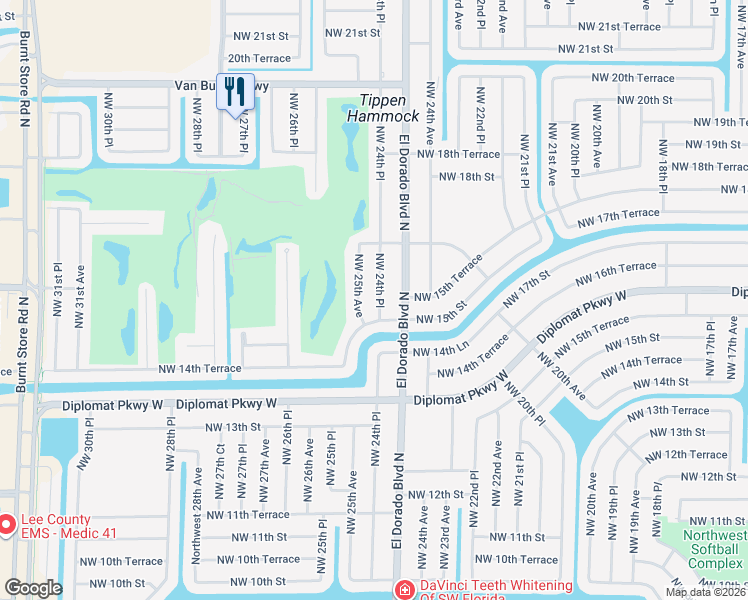 map of restaurants, bars, coffee shops, grocery stores, and more near 1516 Northwest 24th Place in Cape Coral