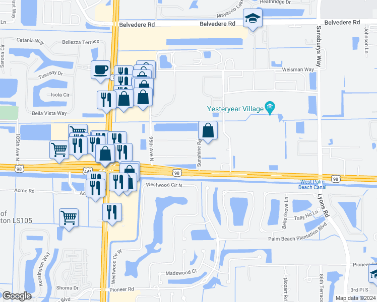 map of restaurants, bars, coffee shops, grocery stores, and more near 9205 Southern Boulevard in Royal Palm Beach