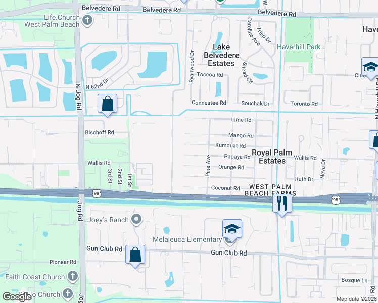 map of restaurants, bars, coffee shops, grocery stores, and more near 5969 Papaya Road in West Palm Beach