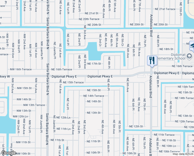 map of restaurants, bars, coffee shops, grocery stores, and more near 330 Diplomat Parkway East in Cape Coral