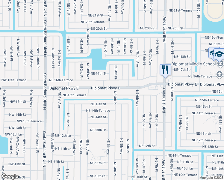 map of restaurants, bars, coffee shops, grocery stores, and more near 406 Diplomat Parkway East in Cape Coral
