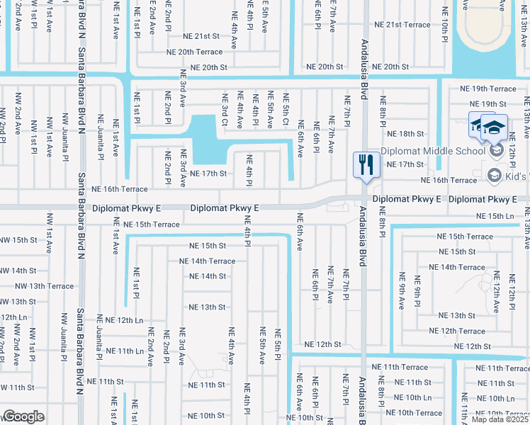 map of restaurants, bars, coffee shops, grocery stores, and more near 504 Diplomat Parkway East in Cape Coral