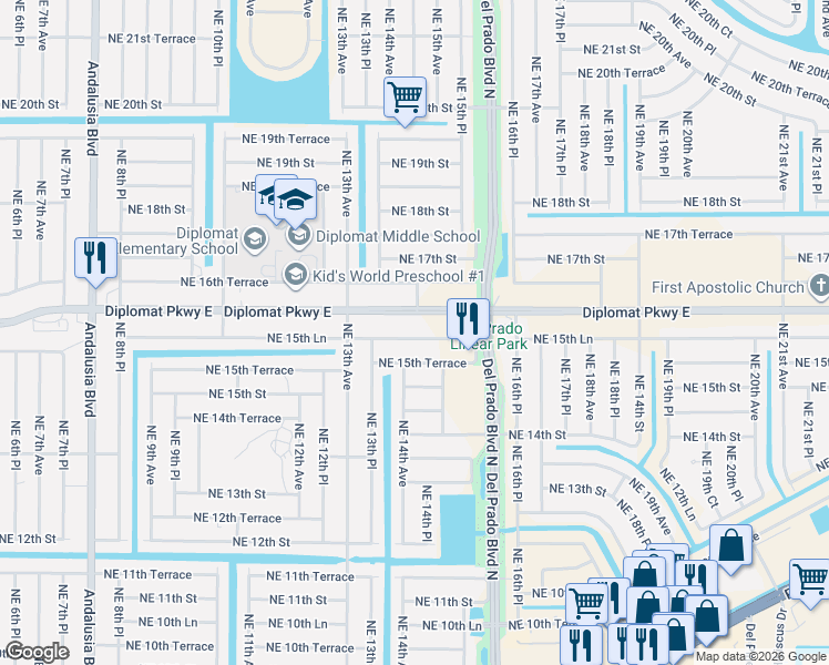 map of restaurants, bars, coffee shops, grocery stores, and more near 1331 Northeast 15th Lane in Cape Coral