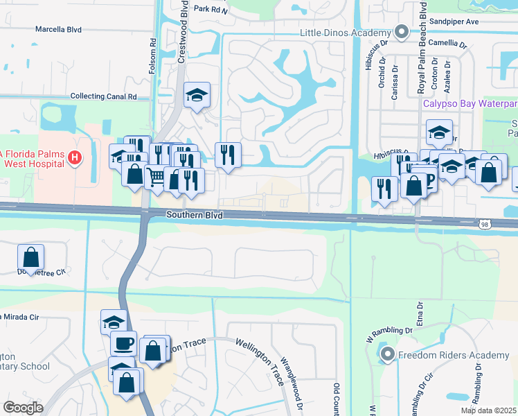 map of restaurants, bars, coffee shops, grocery stores, and more near 11911 Southern Boulevard in Royal Palm Beach