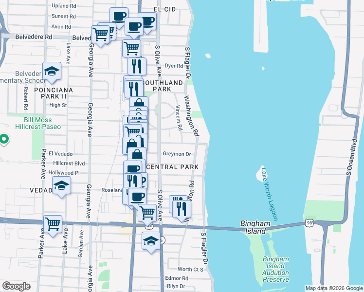 map of restaurants, bars, coffee shops, grocery stores, and more near 170 Greenwood Drive in West Palm Beach