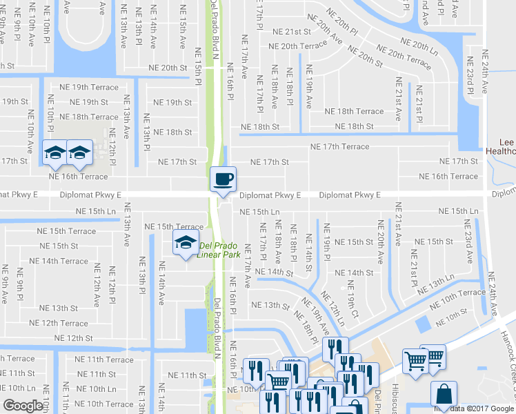 map of restaurants, bars, coffee shops, grocery stores, and more near 1709 Northeast 15th Lane in Cape Coral