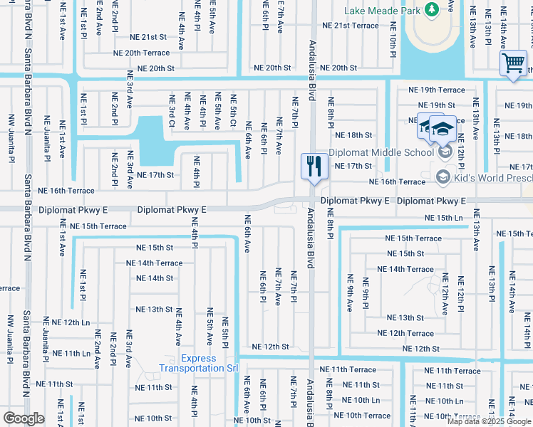 map of restaurants, bars, coffee shops, grocery stores, and more near 614 Diplomat Parkway East in Cape Coral