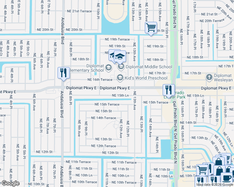 map of restaurants, bars, coffee shops, grocery stores, and more near 1121 Northeast 15th Lane in Cape Coral
