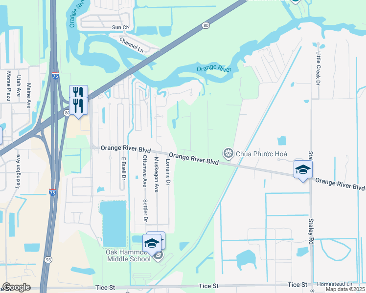 map of restaurants, bars, coffee shops, grocery stores, and more near 10271-10299 Orange River Boulevard in Fort Myers