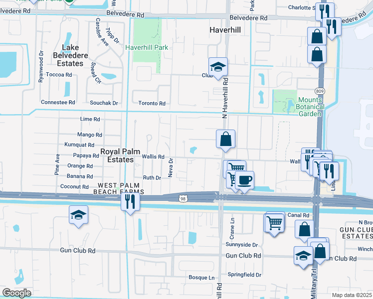 map of restaurants, bars, coffee shops, grocery stores, and more near 5201 Wallis Road in West Palm Beach