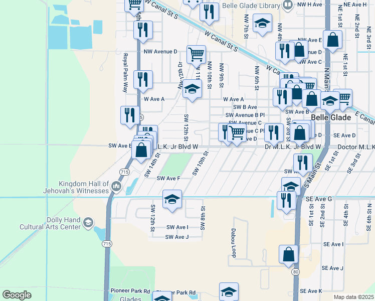 map of restaurants, bars, coffee shops, grocery stores, and more near 1125 Southwest Avenue East Place in Belle Glade