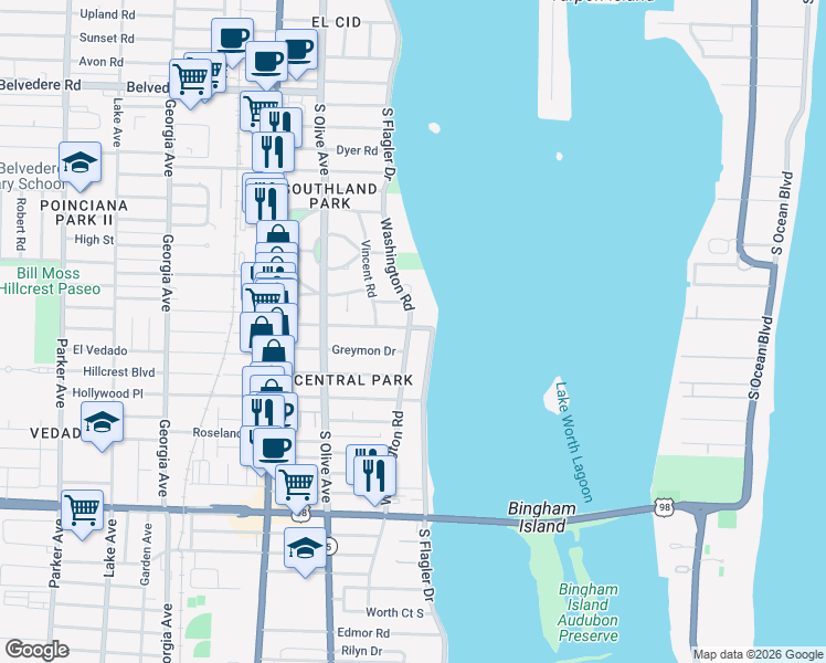 map of restaurants, bars, coffee shops, grocery stores, and more near 3300 Washington Road in West Palm Beach