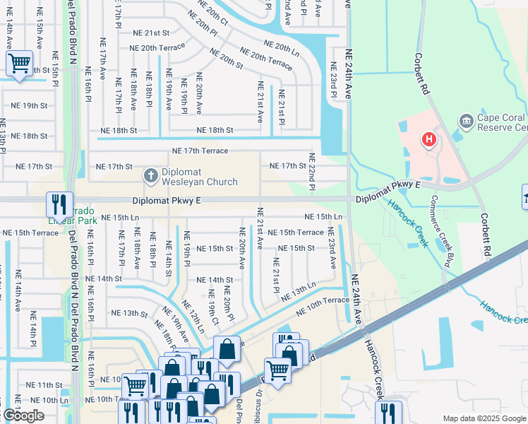 map of restaurants, bars, coffee shops, grocery stores, and more near 2101 Northeast 15th Lane in Cape Coral