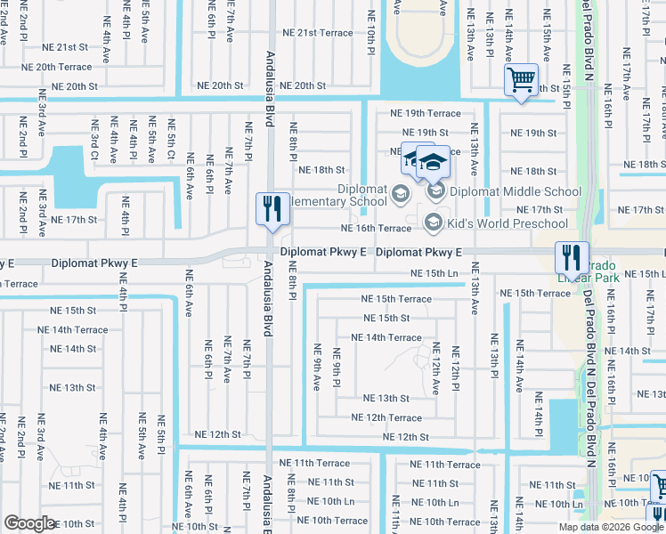 map of restaurants, bars, coffee shops, grocery stores, and more near 909 Northeast 15th Lane in Cape Coral