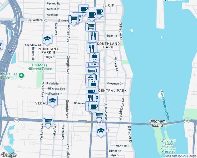 map of restaurants, bars, coffee shops, grocery stores, and more near 320 Greenwood Drive in West Palm Beach