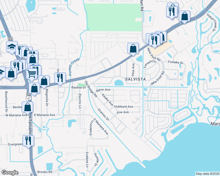 map of restaurants, bars, coffee shops, grocery stores, and more near 293 Byron Ave in North Fort Myers