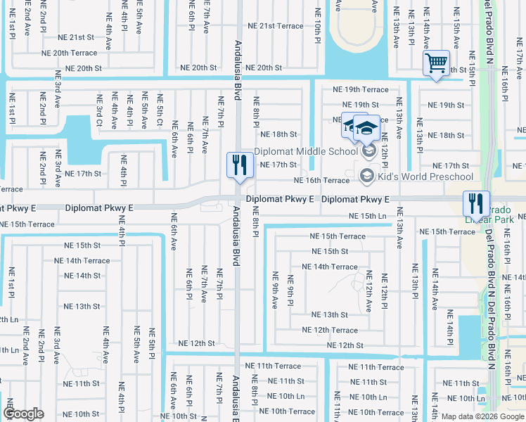 map of restaurants, bars, coffee shops, grocery stores, and more near 825 Northeast 15th Lane in Cape Coral