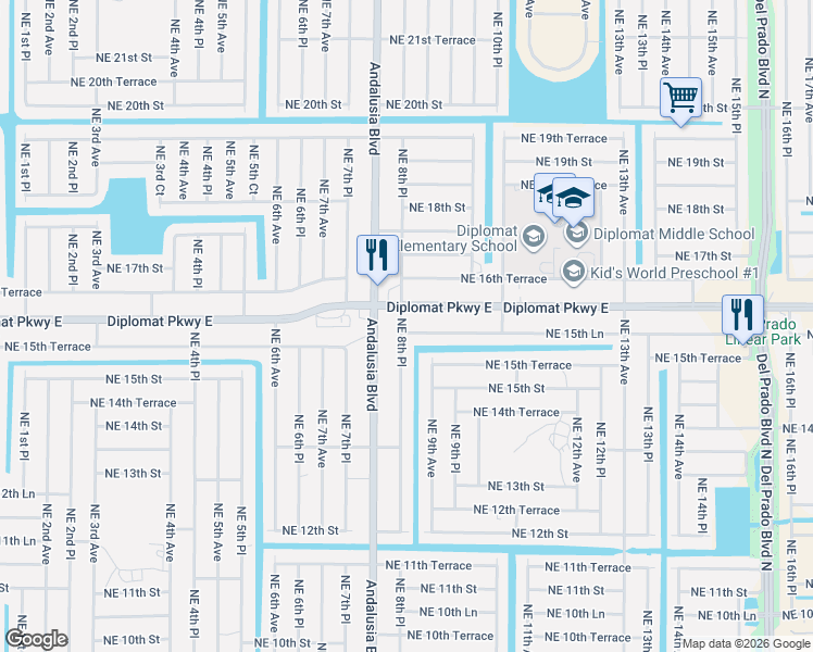 map of restaurants, bars, coffee shops, grocery stores, and more near 825 Northeast 15th Lane in Cape Coral